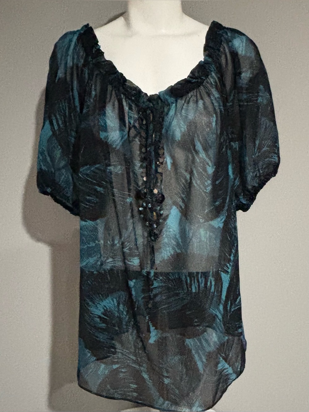 Moda Int'l Women's Size XL Short Sleeve Black and Teal Blue Style Sheer Blouse